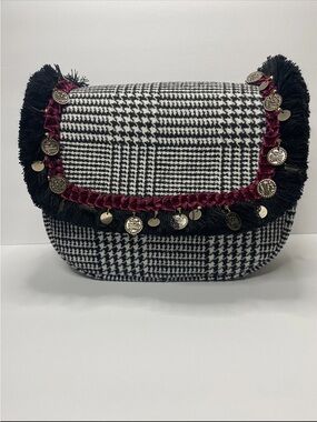 Black & White Glen Plaid Crossbody with Burgundy Trim and Coin Accents